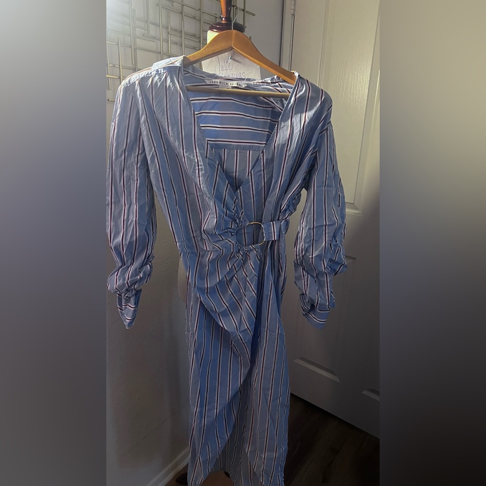 Veronica Beard Afton striped wrap shirtdress in aero blue/brick